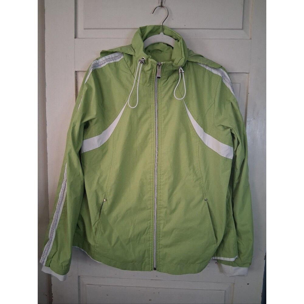 Hawke & Co Lime Green and White Hooded Windbreaker Activewear Jacket Womens Sz L
